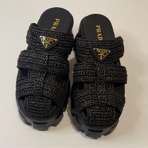 Black Raffia Platform Slides Chunky Sole
